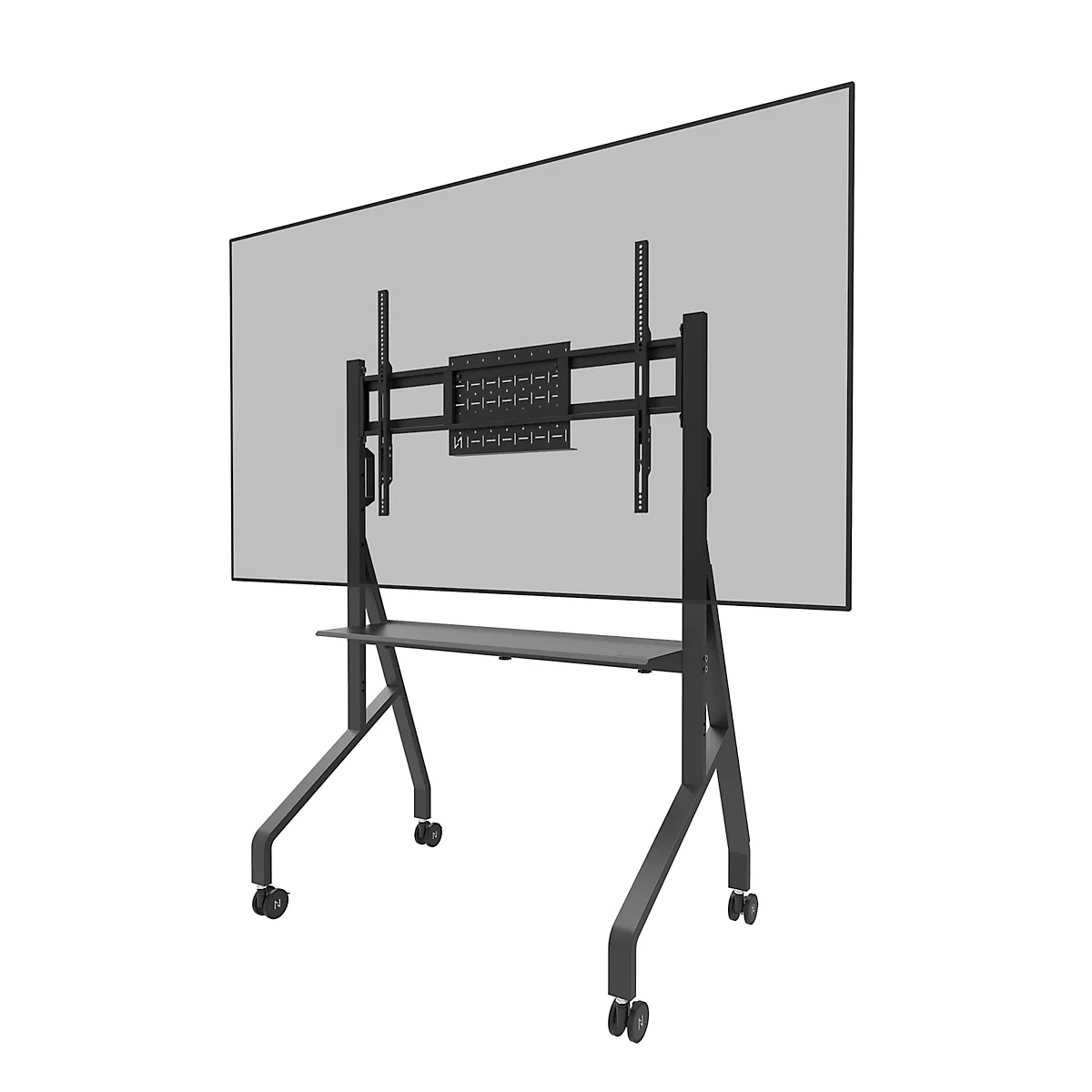 Zwart scherm op een standaard met wielen. De standaard is ook zwart. De achterkant van het scherm is zichtbaar.