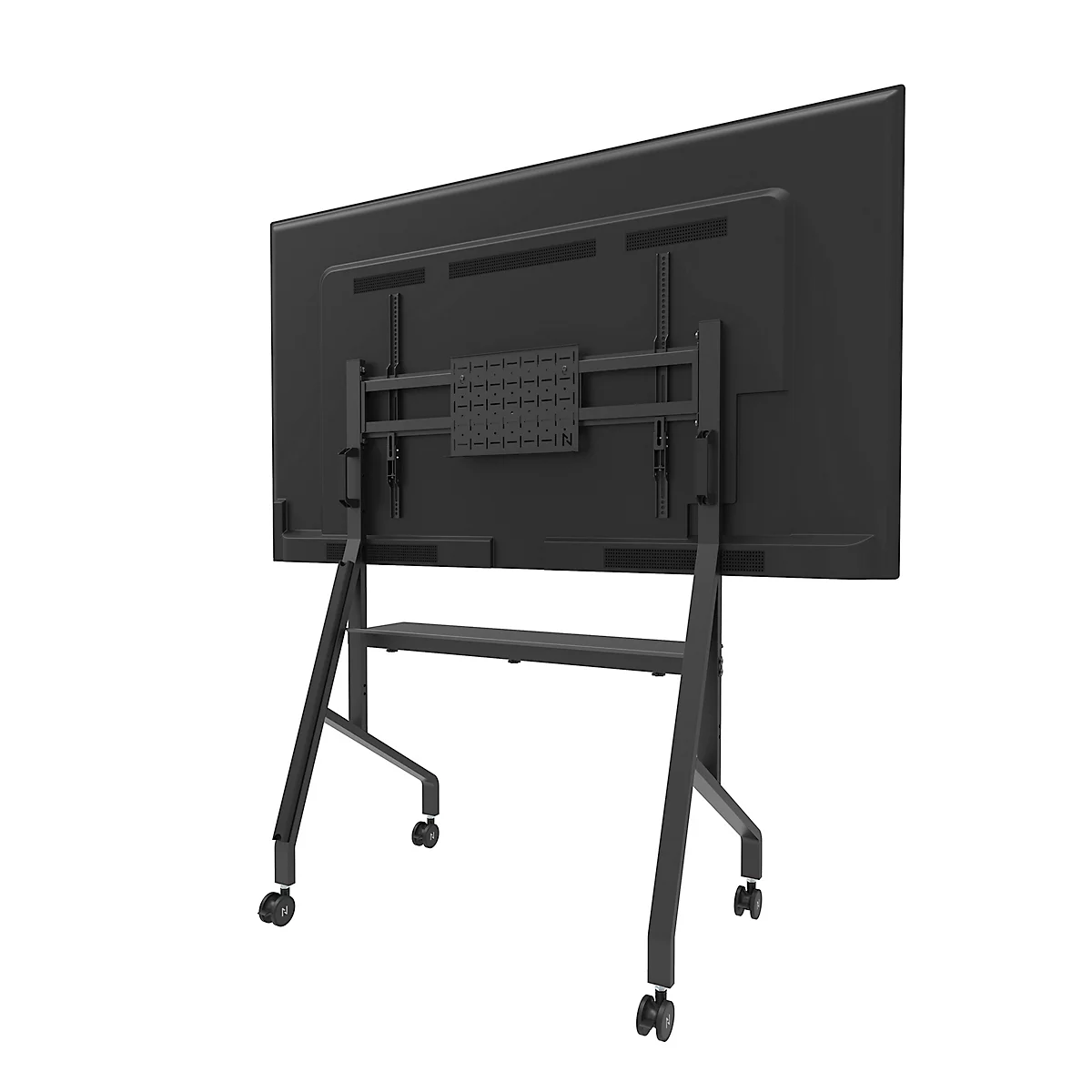 Achteraanzicht van een zwarte tv op een mobiele, rollende standaard. De standaard heeft een opbergplank.