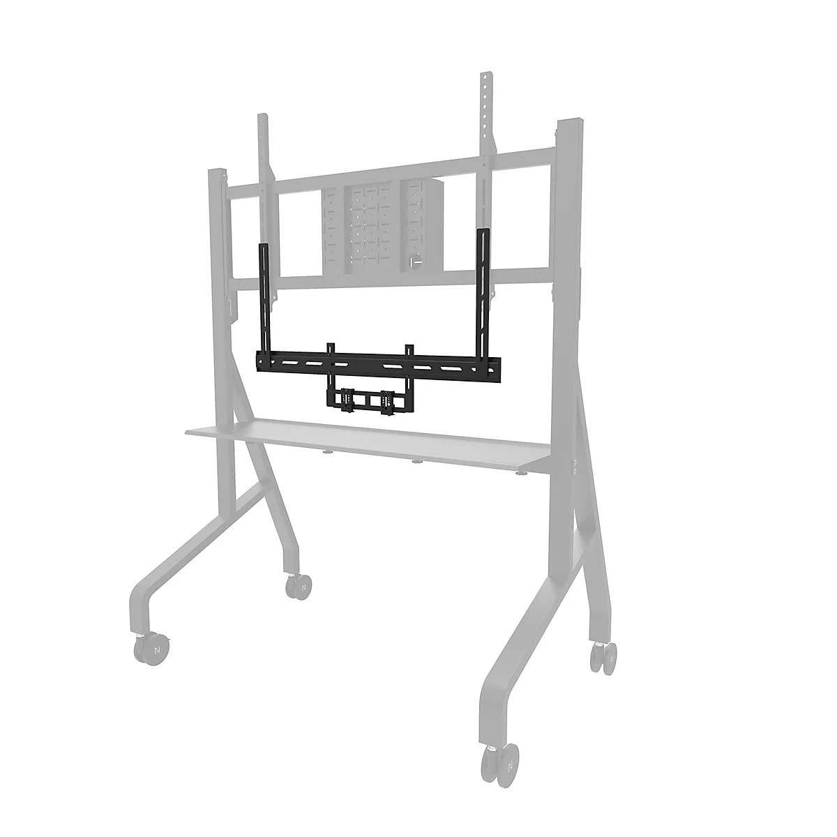 Zwart geschilderde beugel voor een scherm, gemonteerd op een grijs frame.