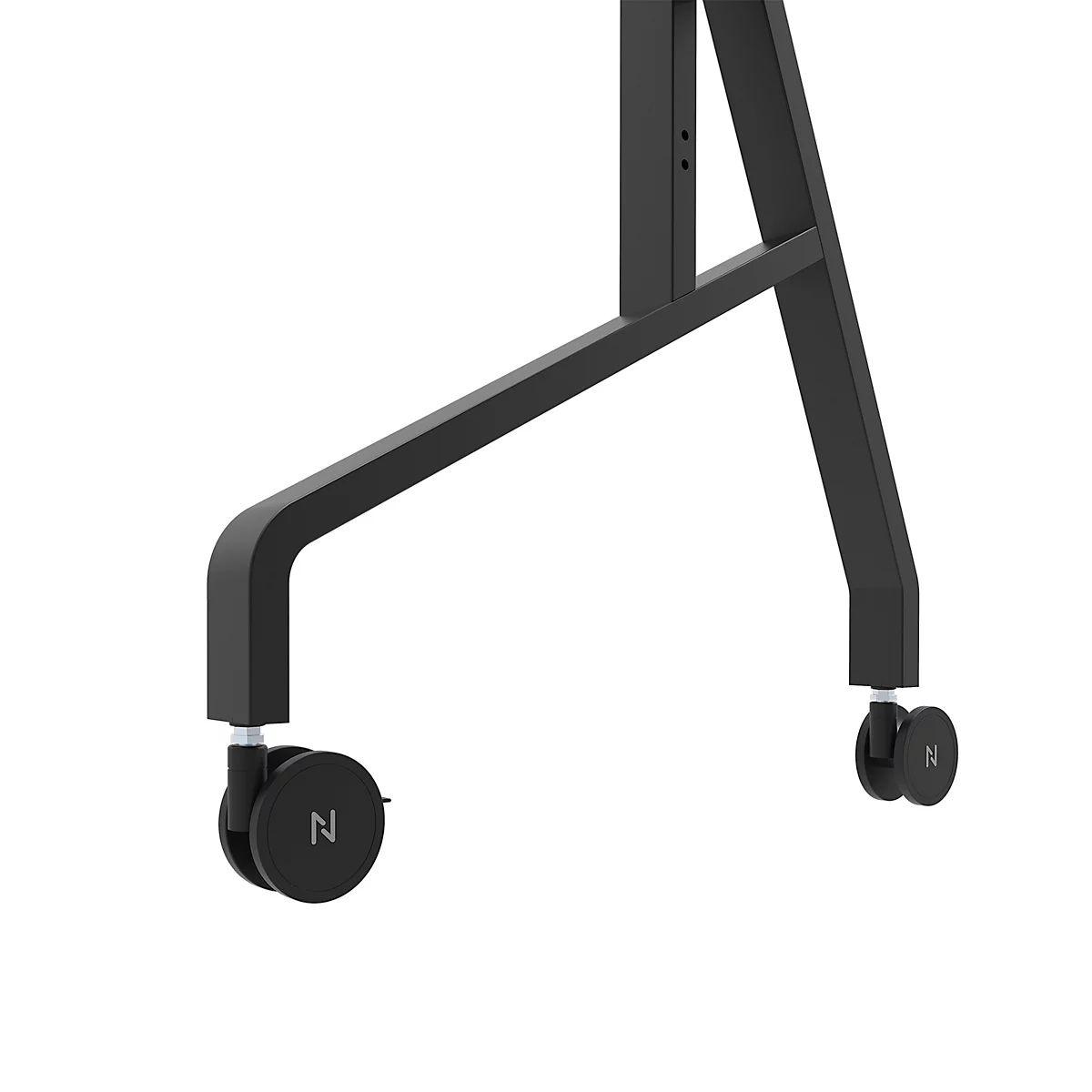 Zwart meubelframe met twee wielen en de letter N op het wiel.