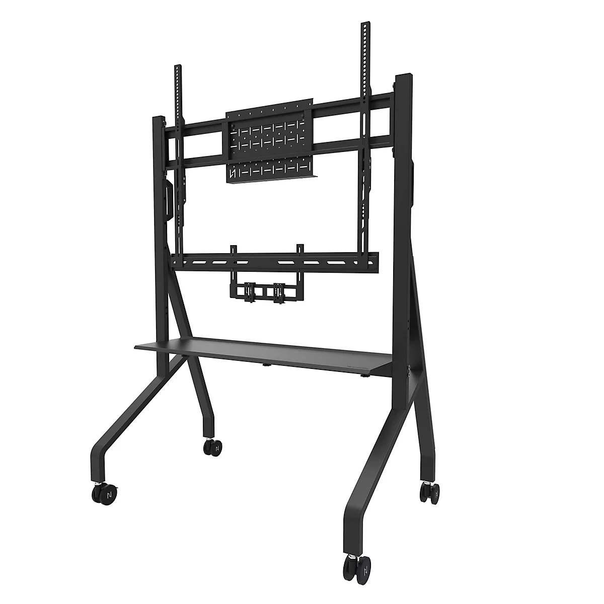Zwarte, mobiele presentatiestandaard voor monitoren met wielen en plank. De beugel is voorbereid voor een scherm.