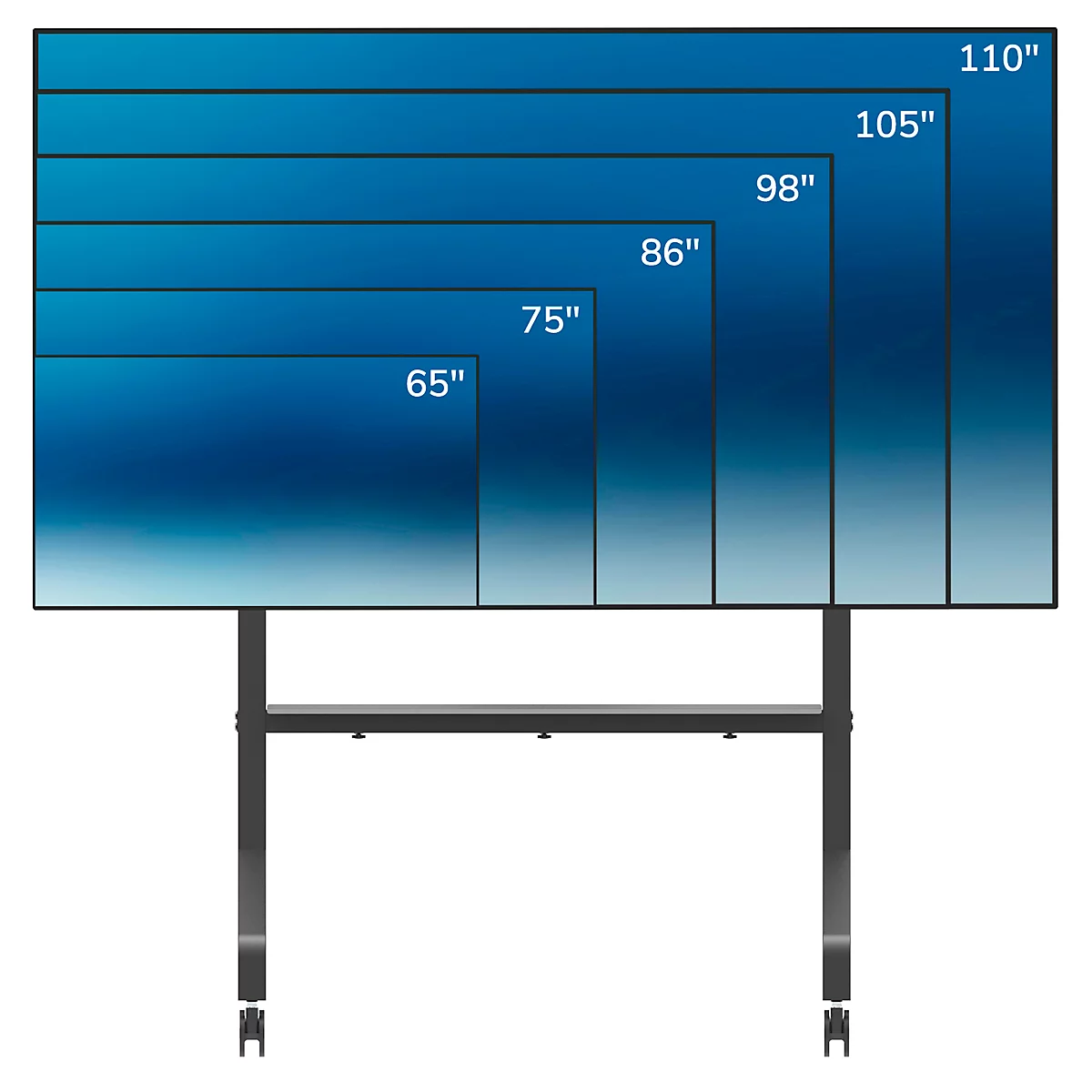 Verschillende maten schermen op een zwarte standaard, gemarkeerd met inch-metingen.