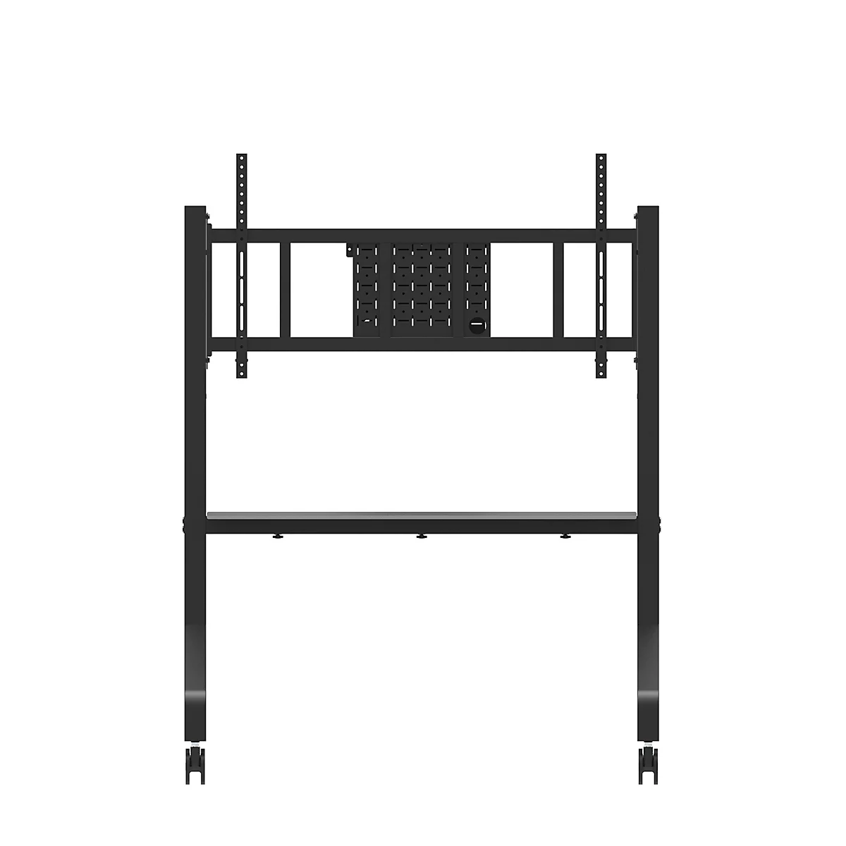 Zwarte metalen tv-standaard. De standaard heeft een rechthoekig frame met een geperforeerd patroon in het midden en twee verticale beugels voor een televisie.