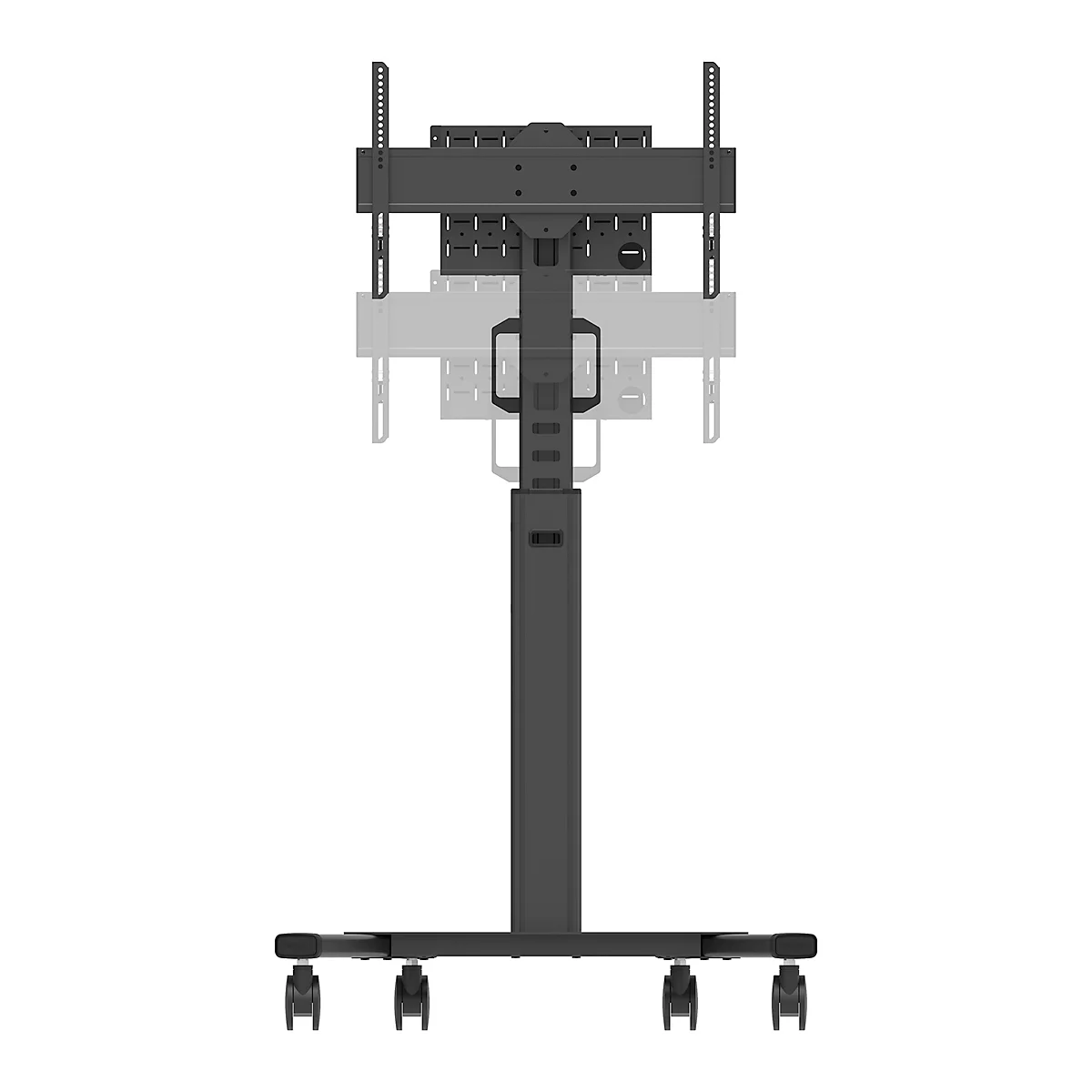 Zwarte tv-standaard op wielen. Bovenkant met beugel. In hoogte verstelbare standaard.