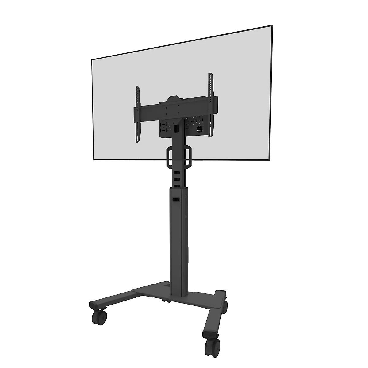 Zwarte tv-standaard met wielen, achteraanzicht. Een groot scherm is gemonteerd.