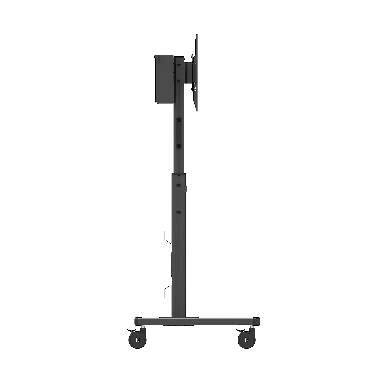 Zijaanzicht van een zwarte, mobiele tv-standaard op wielen, met verstelbare hoogte.