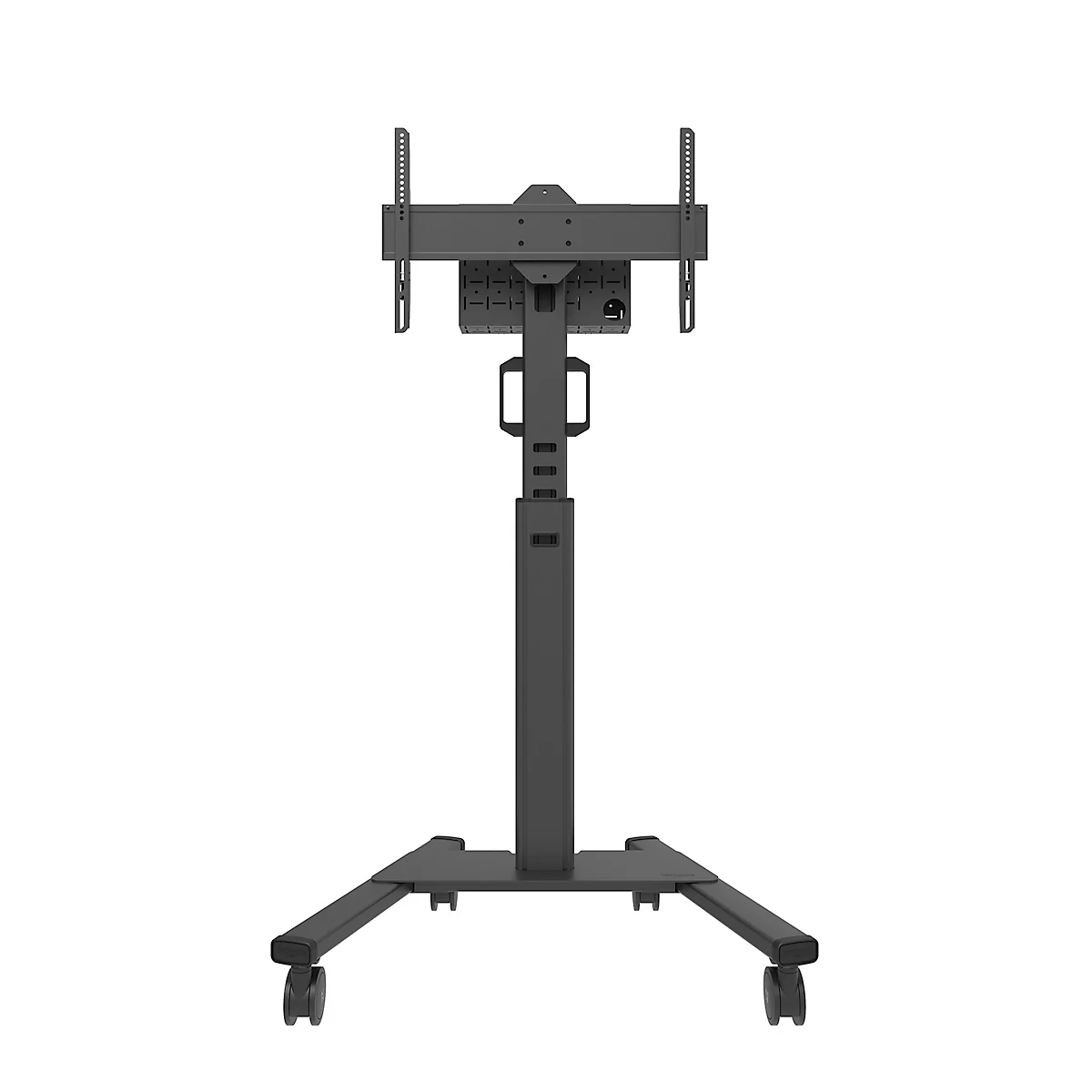 Zwarte, mobiele tv-standaard op wielen, vooraanzicht.