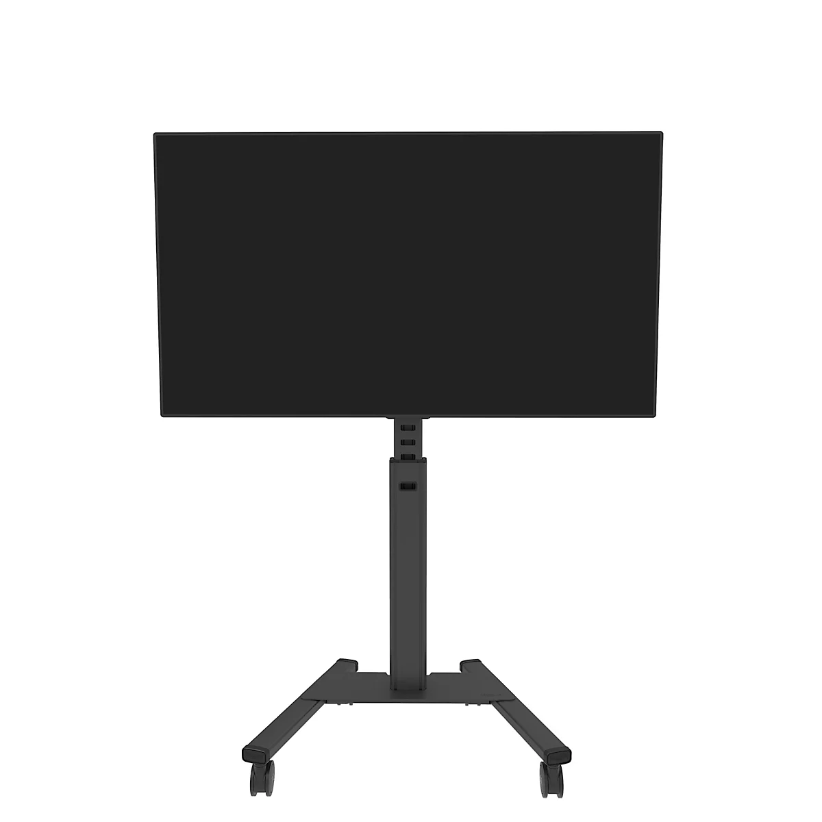 Zwarte flatscreen tv op een rolstandaard. De tv is gehuisvest in een zwarte behuizing met een verstelbare standaard die op een rolvoet rust.