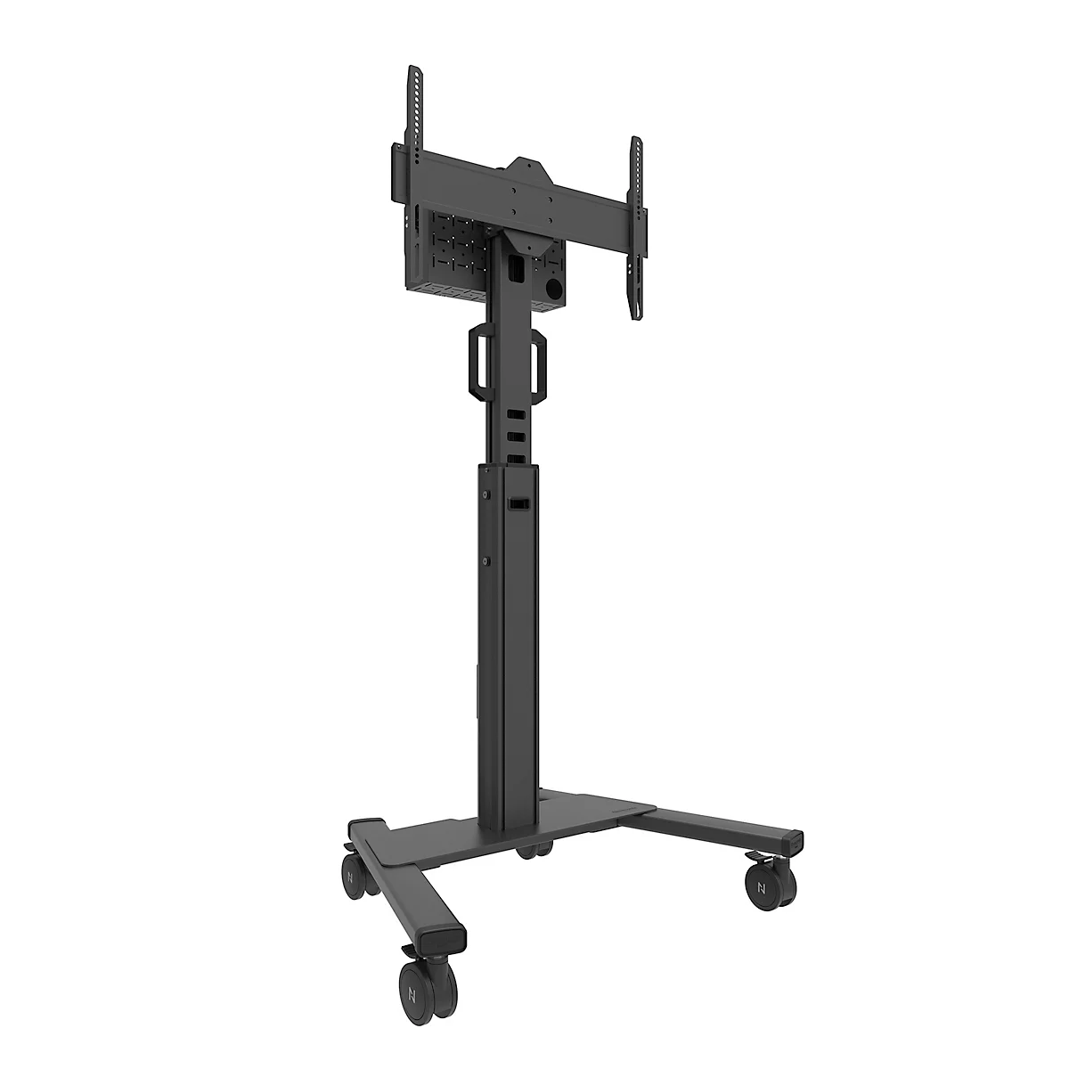Zwarte tv-standaard op wielen, voor een televisie, tegen een witte achtergrond.
