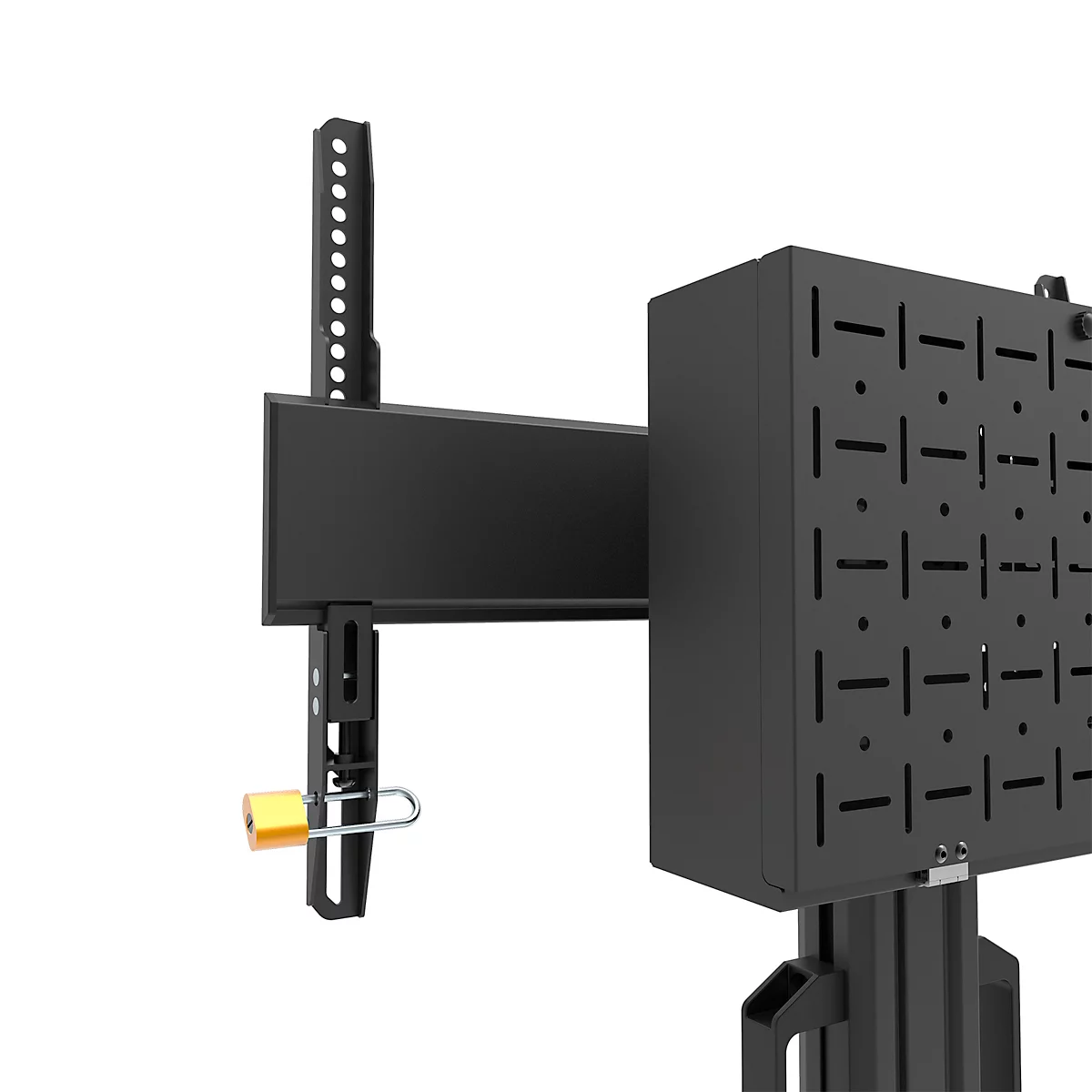 Detailopname van een zwarte muurbeugel. Er zijn gaten in de beugel geboord, naast een gele zekering.