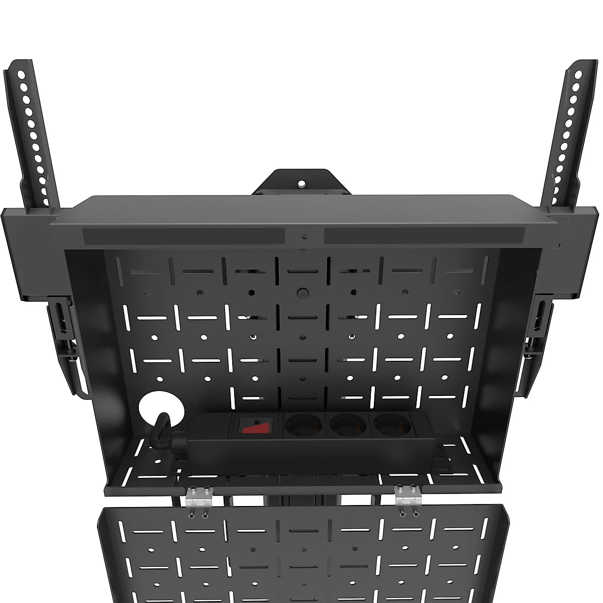 Zwarte wandbevestiging voor apparatuur met perforaties en een stekkerdoos.