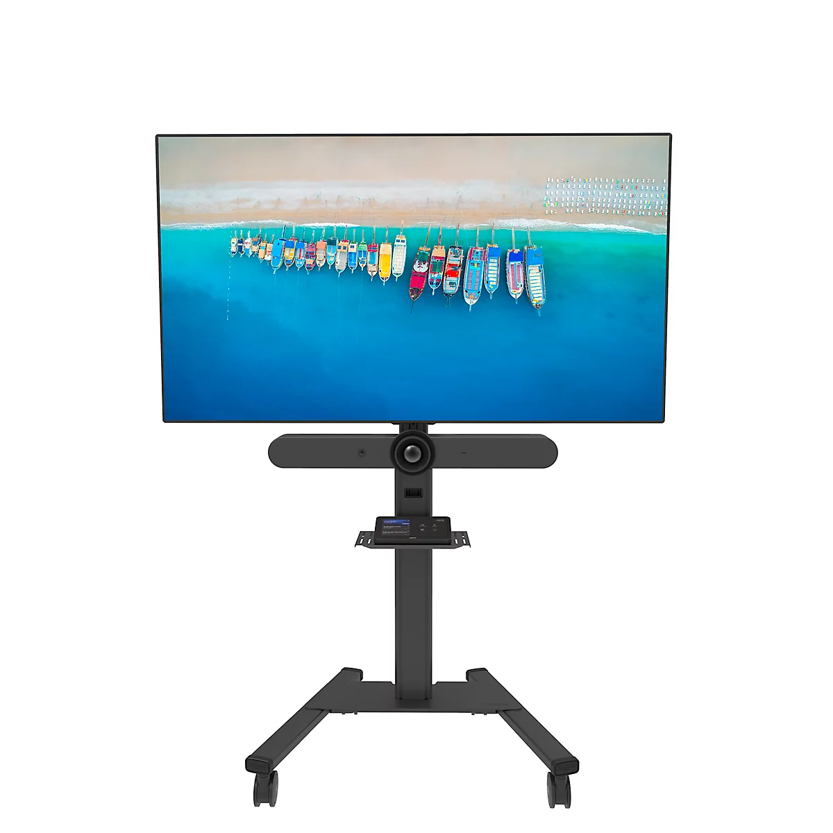 Zwarte tv-standaard met wielen tegen een witte achtergrond.