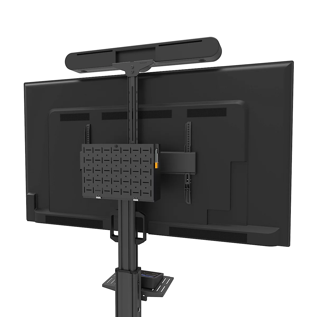 Zwarte tv-standaard met scherm, verlichting en accessoires.