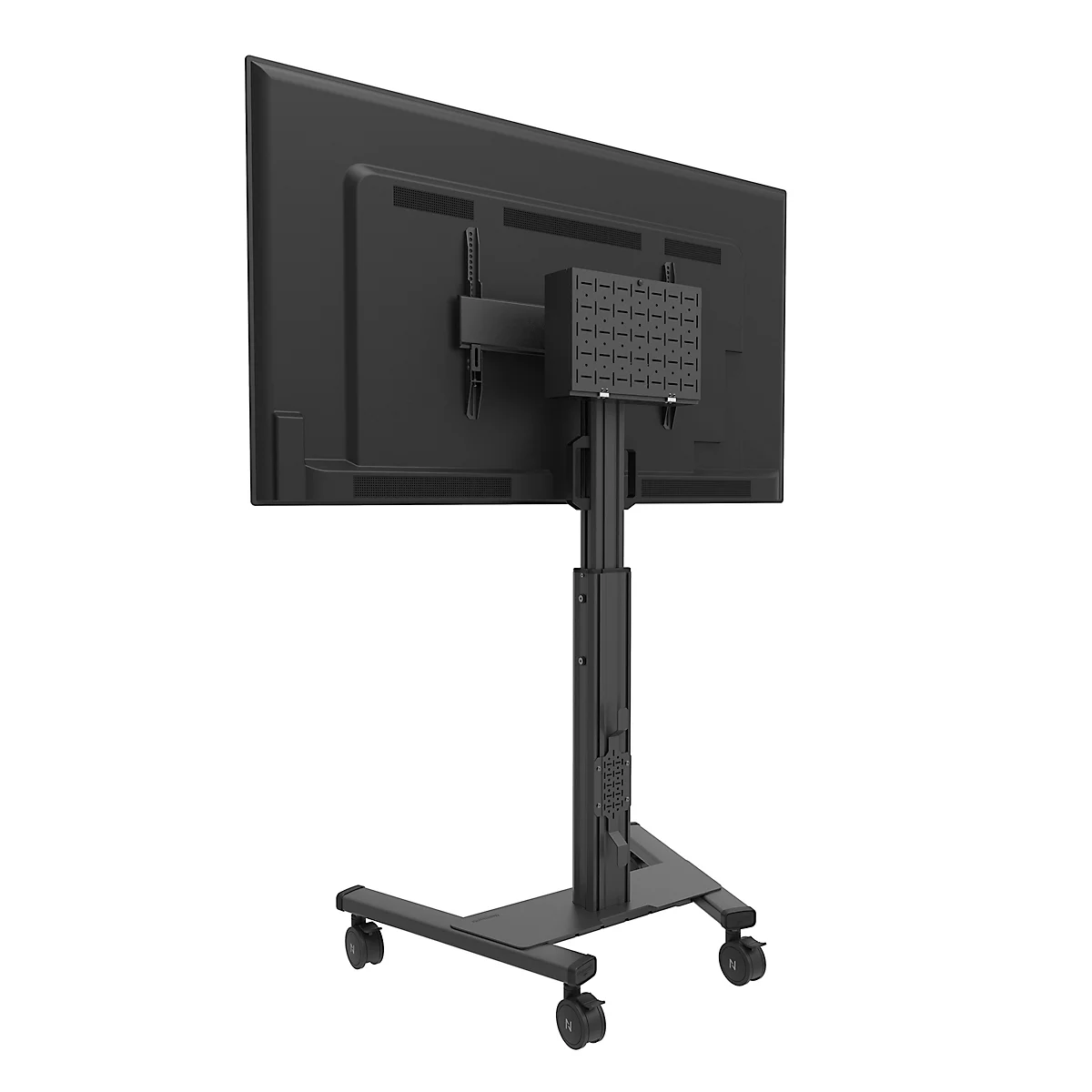 Zwarte tv-standaard met wielen. Achteraanzicht van de tv. De standaard heeft een in hoogte verstelbare kolom.