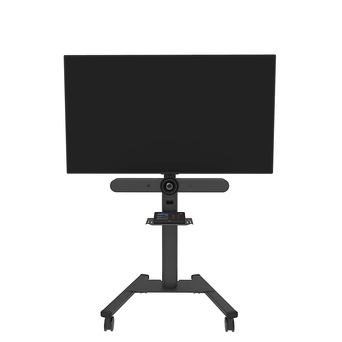 Zwart scherm op een rolstandaard met camera en microfoon.