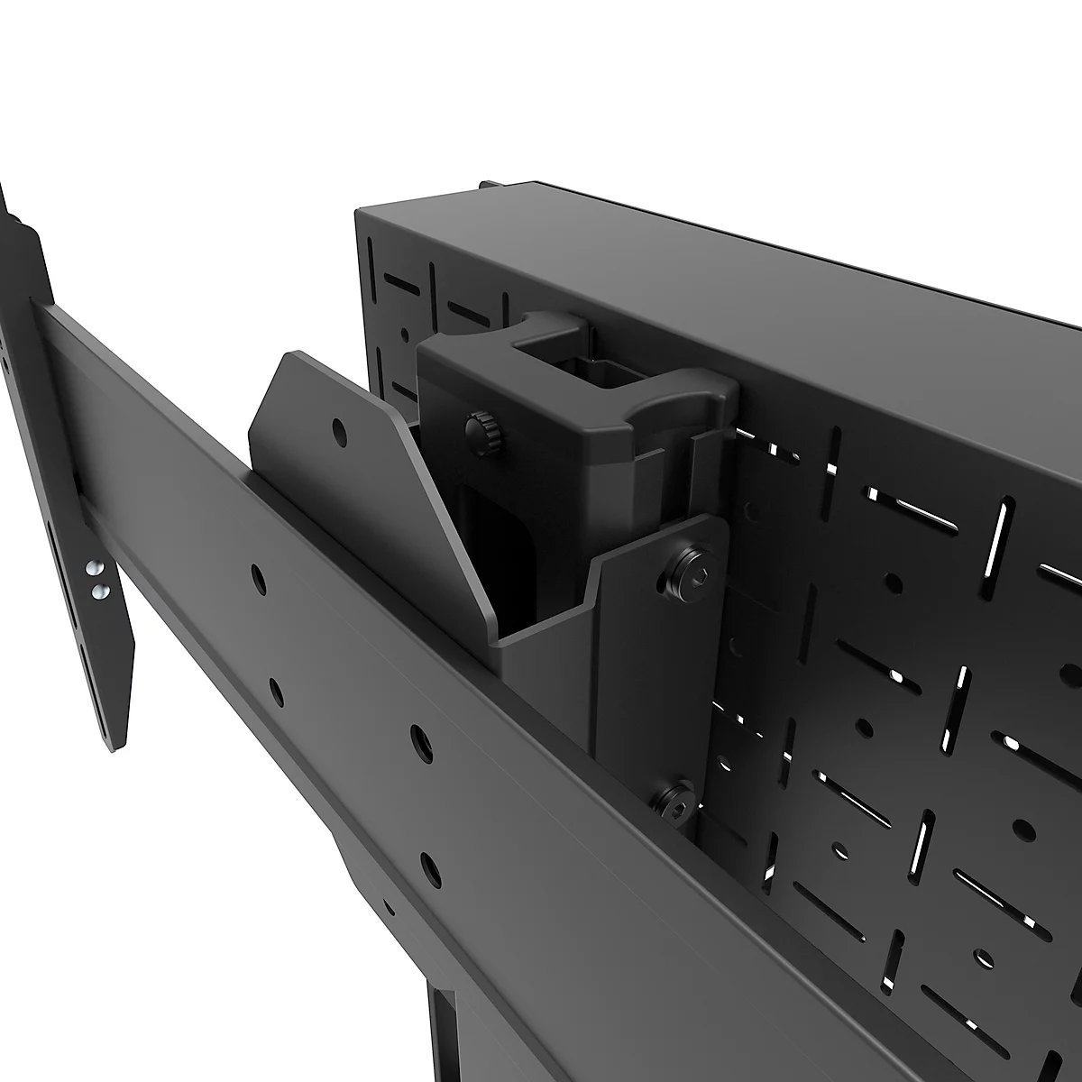 Close-up van een zwarte tv-beugel. De beugel is gemaakt van metaal en bevestigd met schroeven. De achtergrond is wit.