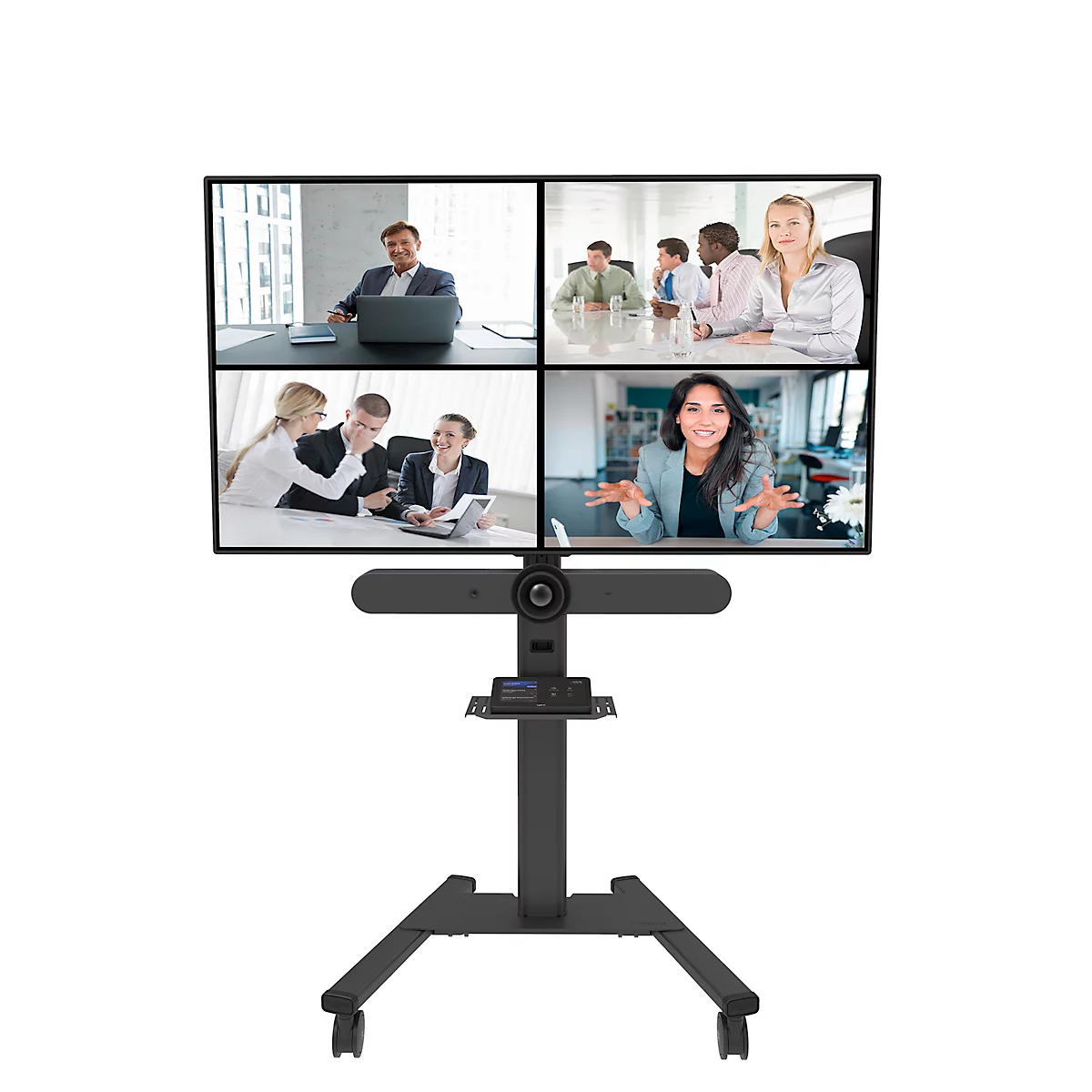 Zwart mobiel videoconferentiesysteem met 4 videobeelden. Deelnemers lijken deel te nemen aan virtuele vergaderingen.