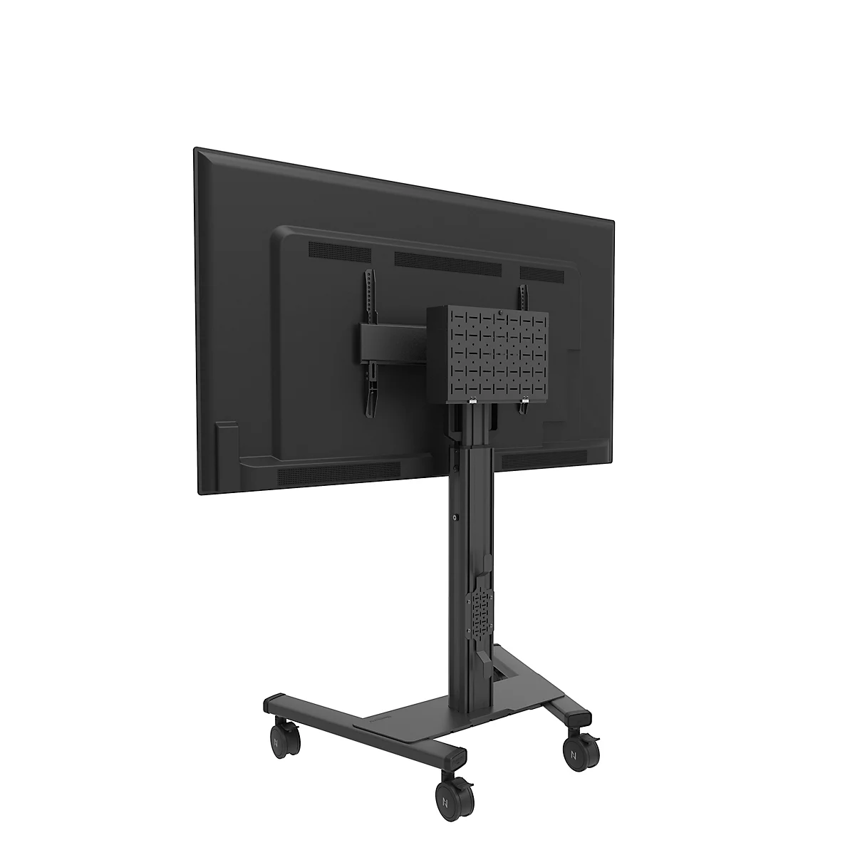 Zwarte televisie op een rolstandaard, achteraanzicht, details van de montage zichtbaar.
