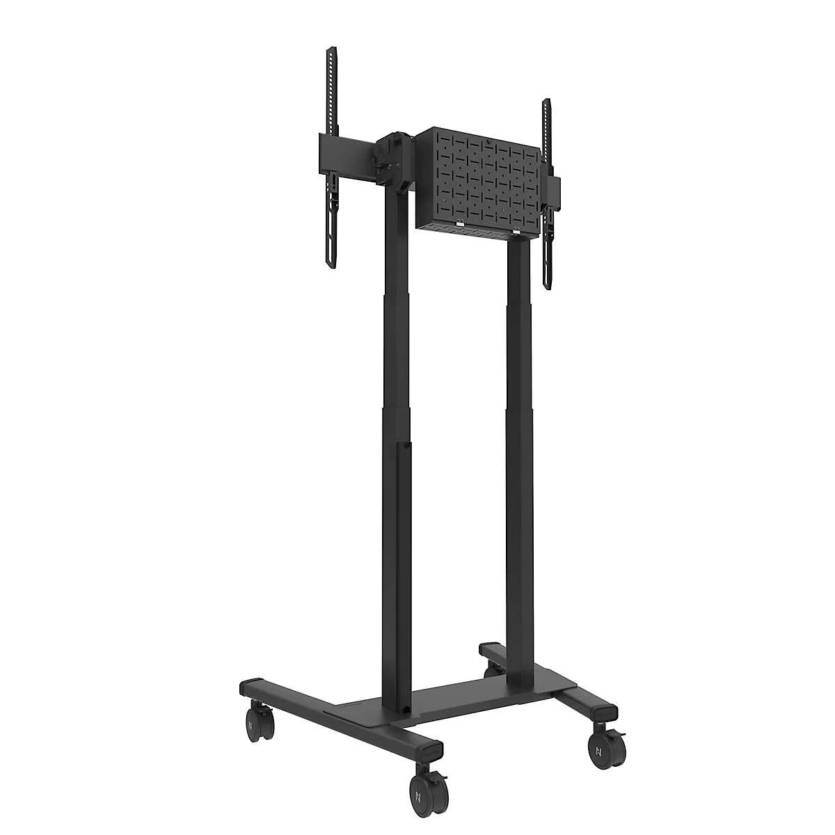Zwarte tv-standaard met wielen, verstelbare hoogte en beugel voor het scherm.