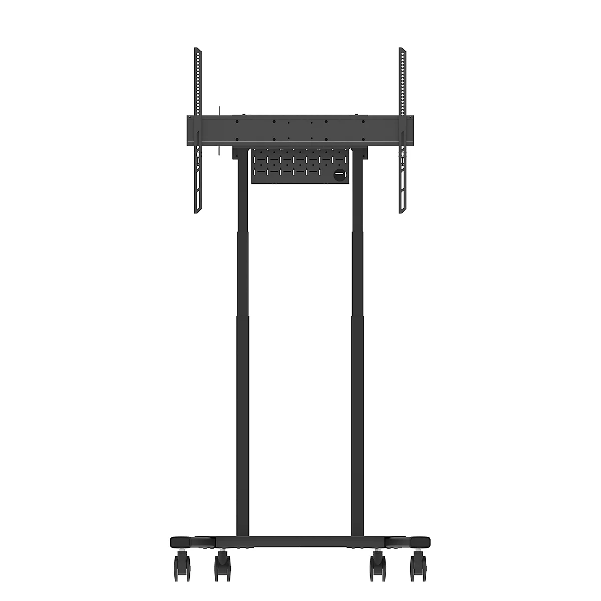 Zwarte, rolbare presentatiestandaard met beugels voor een display.