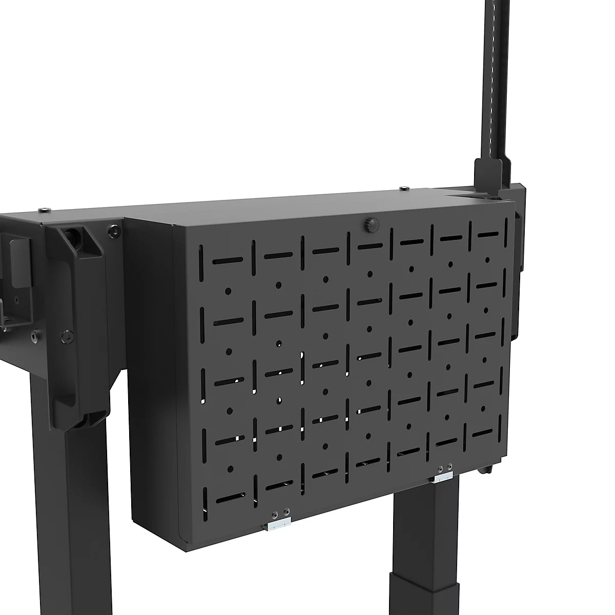 Zwarte, rechthoekige metalen doos met een geperforeerd patroon, bevestigd aan een frame.