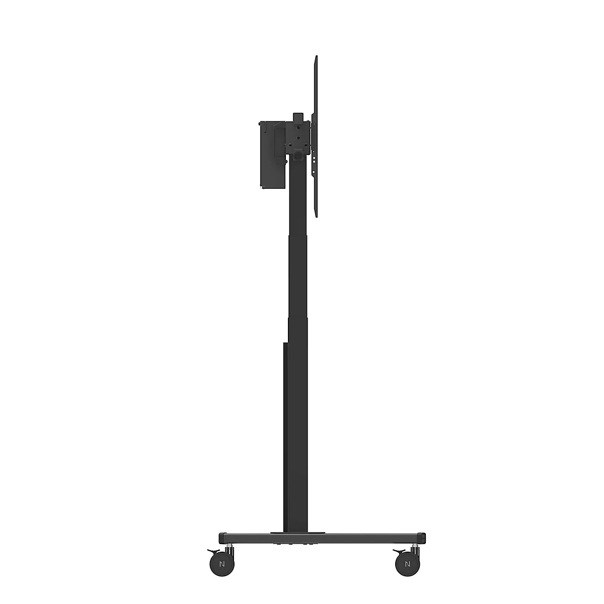 Zwarte tv-standaard met wielen, in profiel, tegen een witte achtergrond.