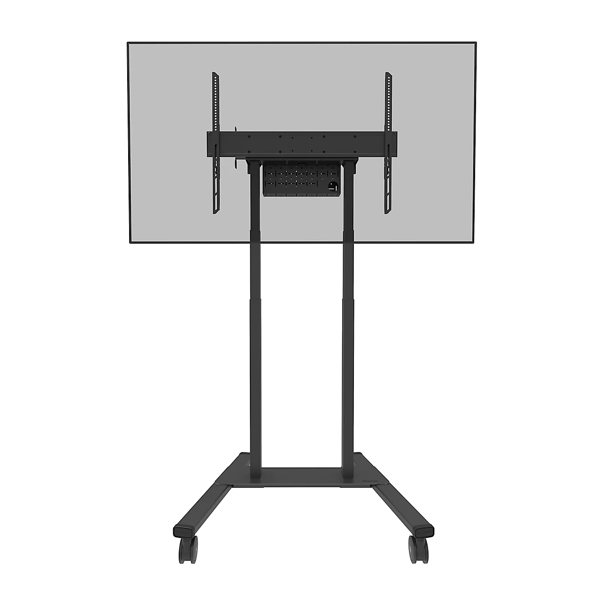 Zwarte tv-standaard, het scherm is grijs. De standaard heeft wielen.