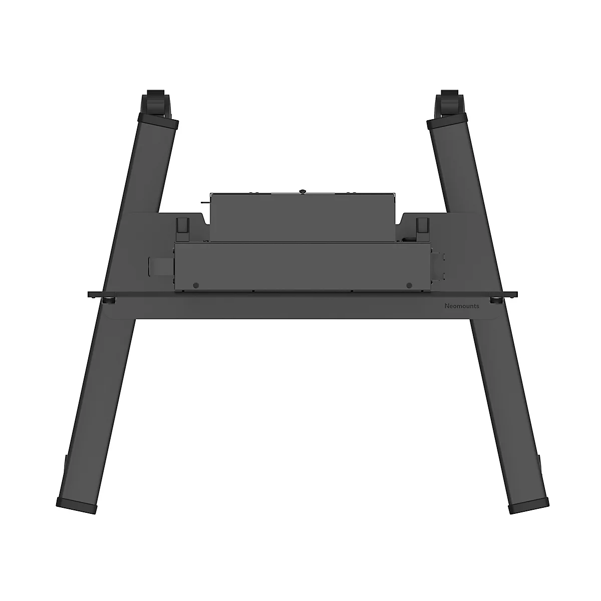 Donkere metalen tafelvoet, gefotografeerd van onderaf. Het heeft een rechthoekig midden en schuine poten.