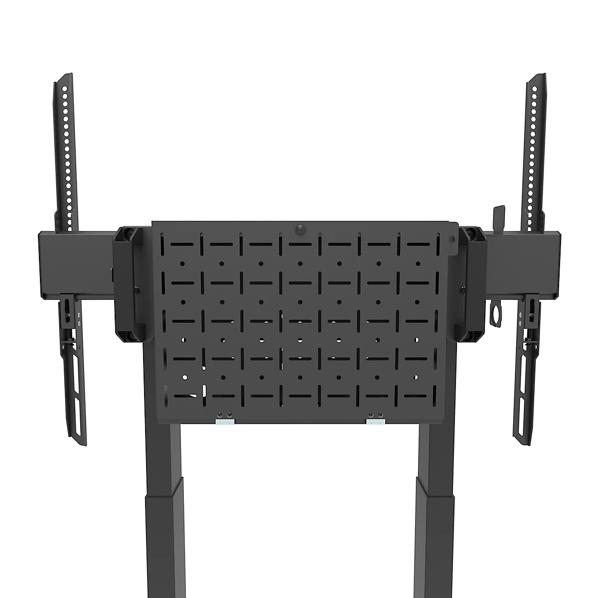 Zwarte tv-standaard. Het heeft twee zijbeugels voor een scherm en een geperforeerde metalen plaat.