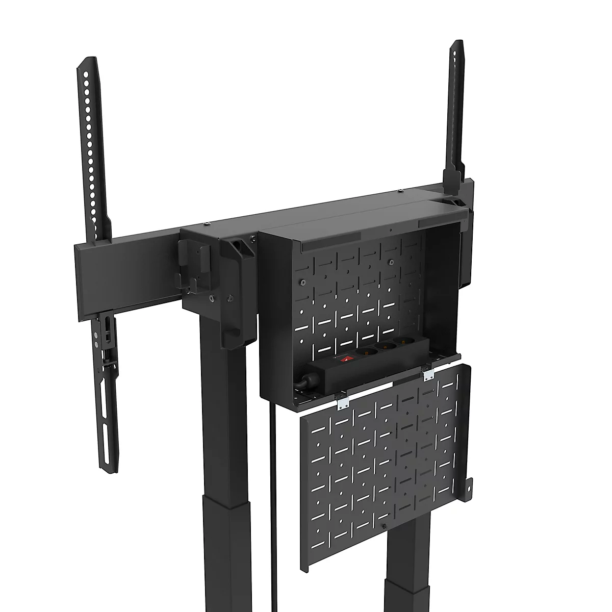 Zwarte, in hoogte verstelbare tv-standaard met open achterkant en montagebeugels.