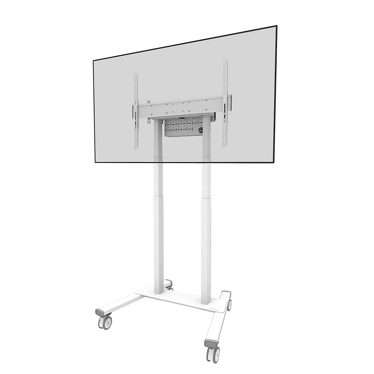 Zicht op de achterkant van een witte tv-standaard met een gemonteerd scherm. Het scherm is lichtgrijs, de standaard is rolbaar.