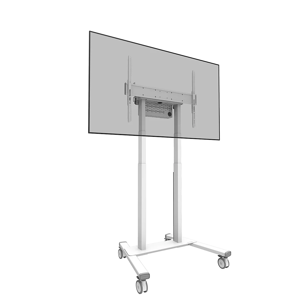 Een witte, rollende tv-standaard met scherm bevestigd. Op een witte achtergrond.