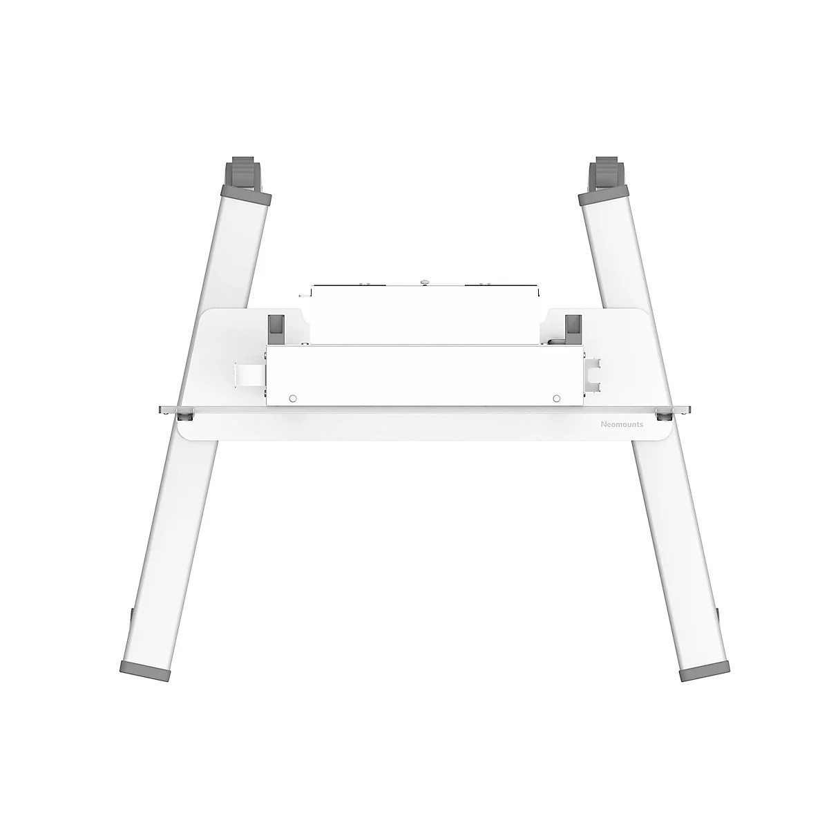 Witte, opgevouwen ladder op witte achtergrond. Grijze afwerkingen aan de uiteinden van de spijlen en bovenop.
