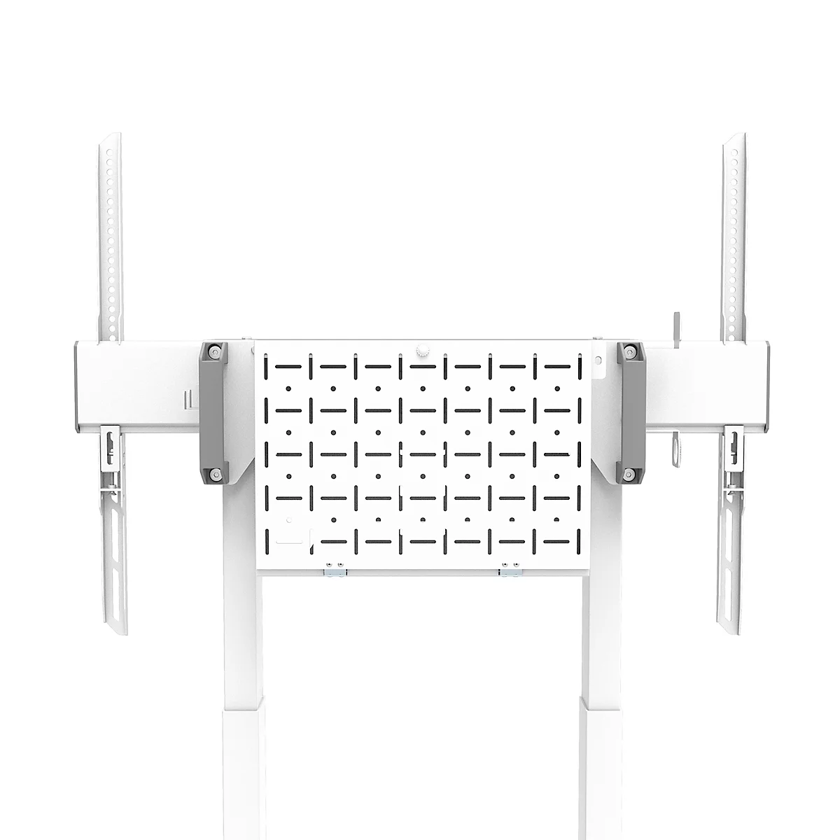 Witte, mobiele tv-standaard met zwenkwielen, verticale steunen en een beugel voor het scherm.