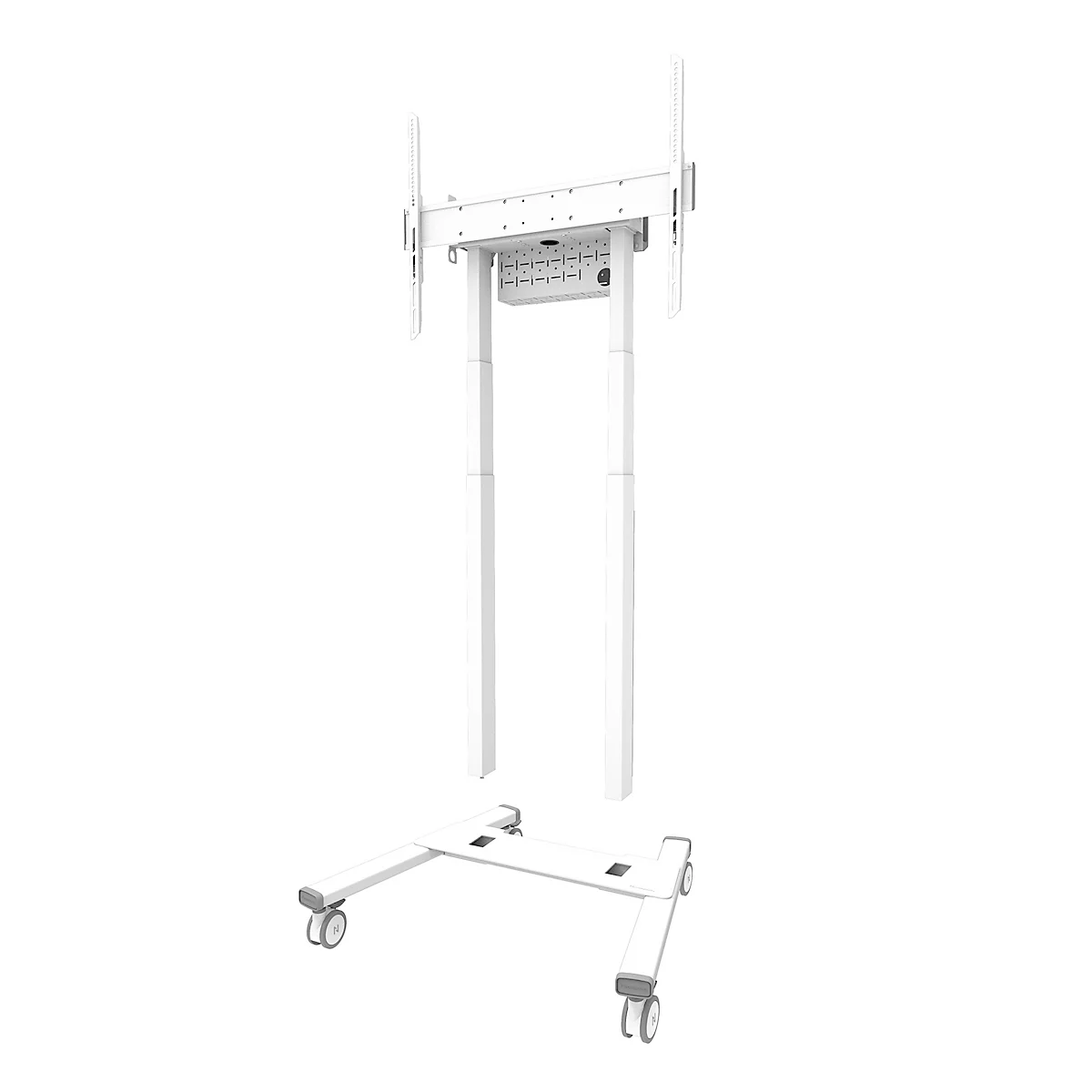 Een witte, mobiele tv-standaard met wielen. Het heeft twee verticale steunen en een beugel voor de tv.