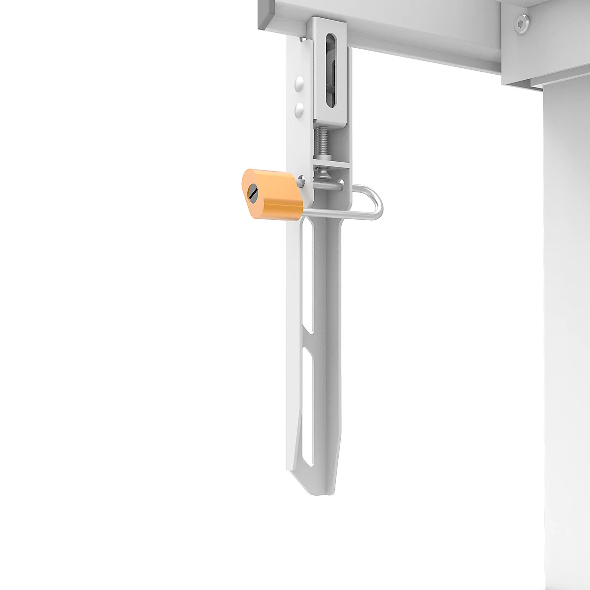 Close-up van een witte beugel met een oranje element. De beugel is bevestigd aan een wit frame.