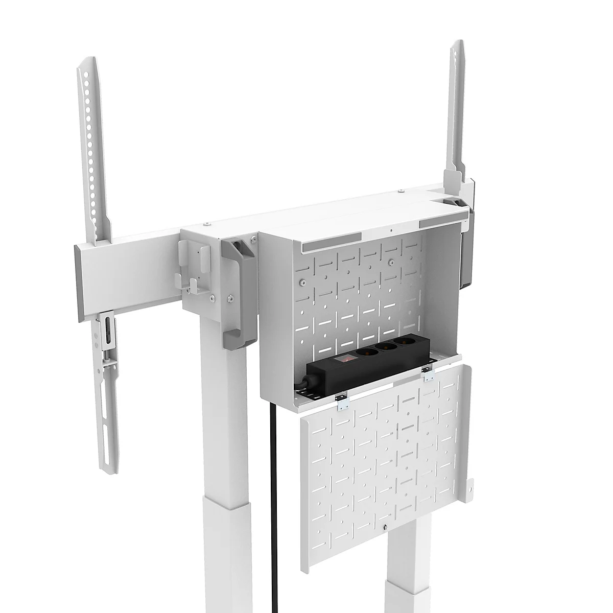 Witte tv-standaard, met beugel en kabelmanagement. In het midden bevindt zich een open doos met een stekkerdoos.