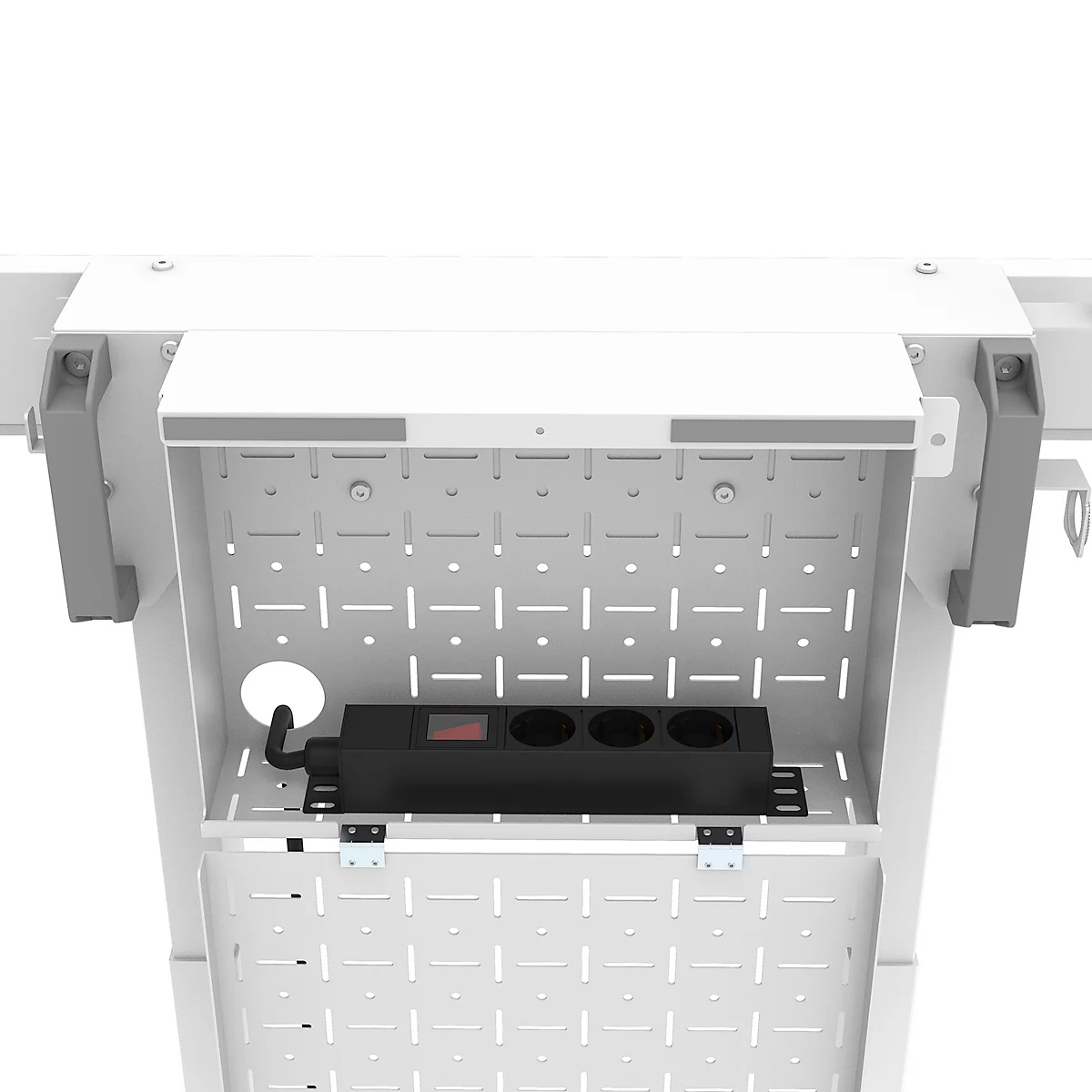 Witte metalen behuizing met geïntegreerde stekkerdoos, detailweergave.