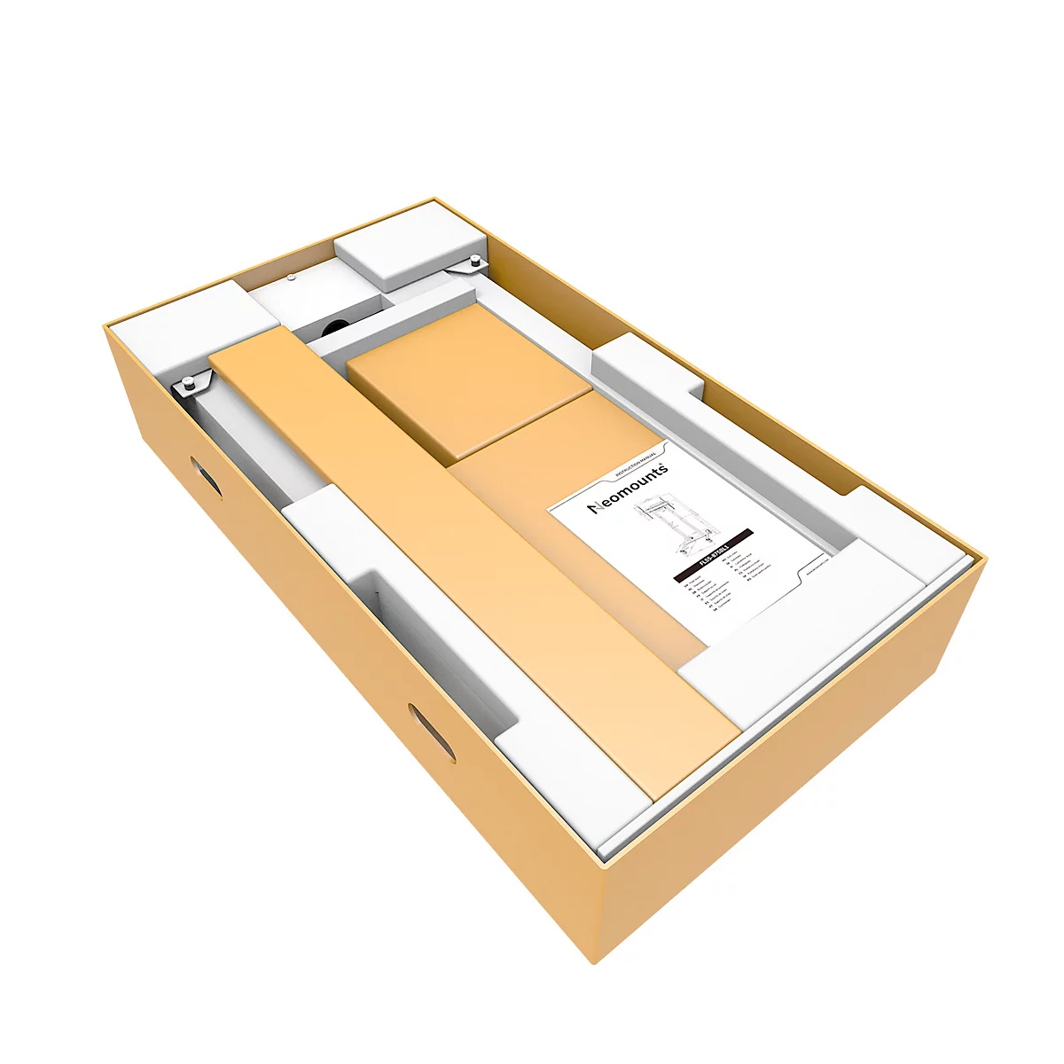 Een kartonnen doos met verpakkingsmateriaal en onderdelen, vermoedelijk voor een standaard. Onderdelen en instructies zijn zichtbaar.