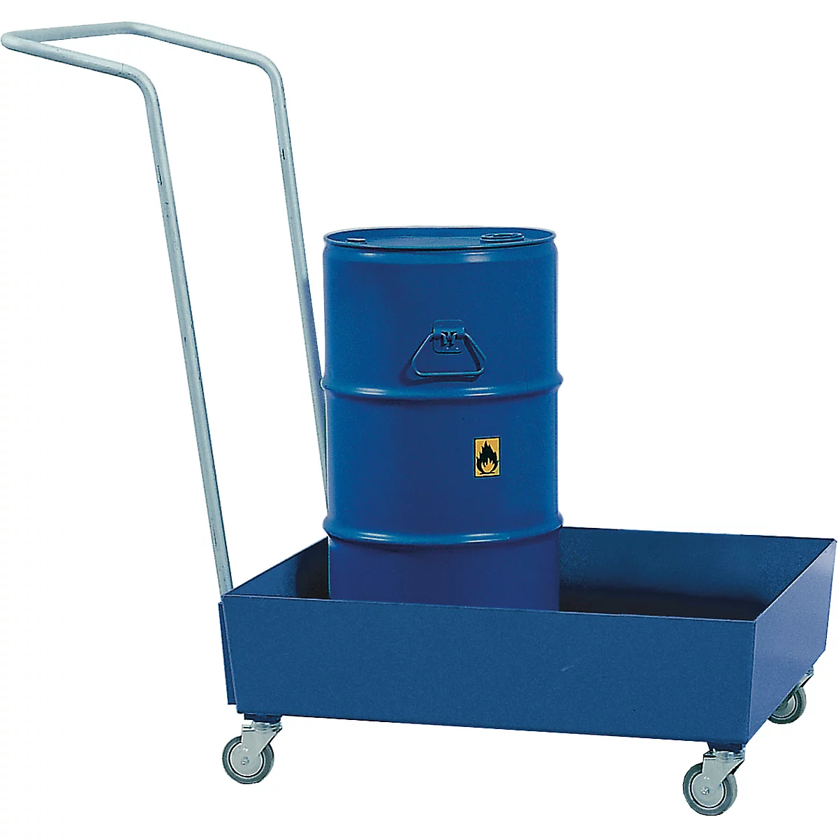 Blauwe vatenwagen met blauwe vat, gevarenteken.