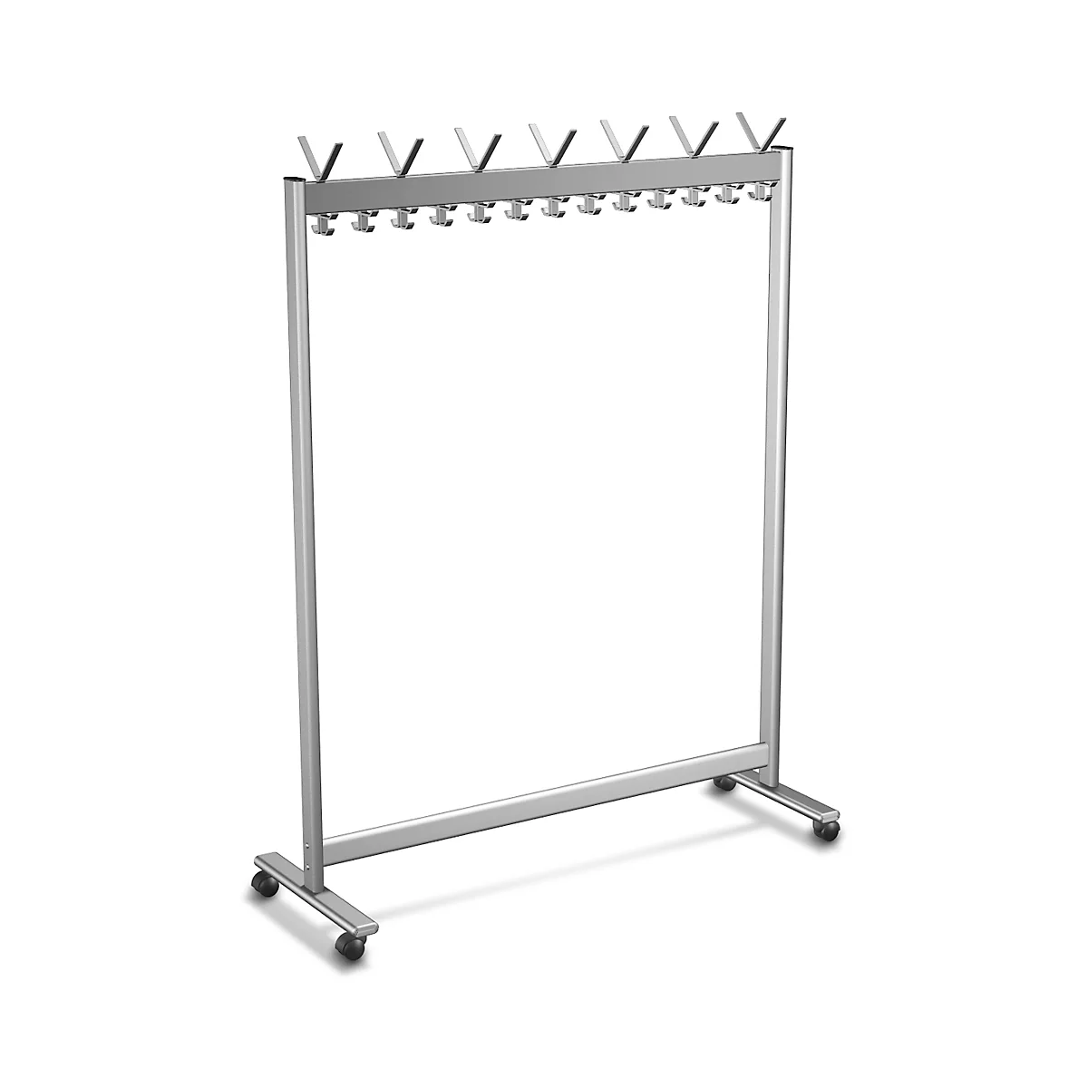 Metalen kledingrek met haken en wielen, geïsoleerd op een witte achtergrond.