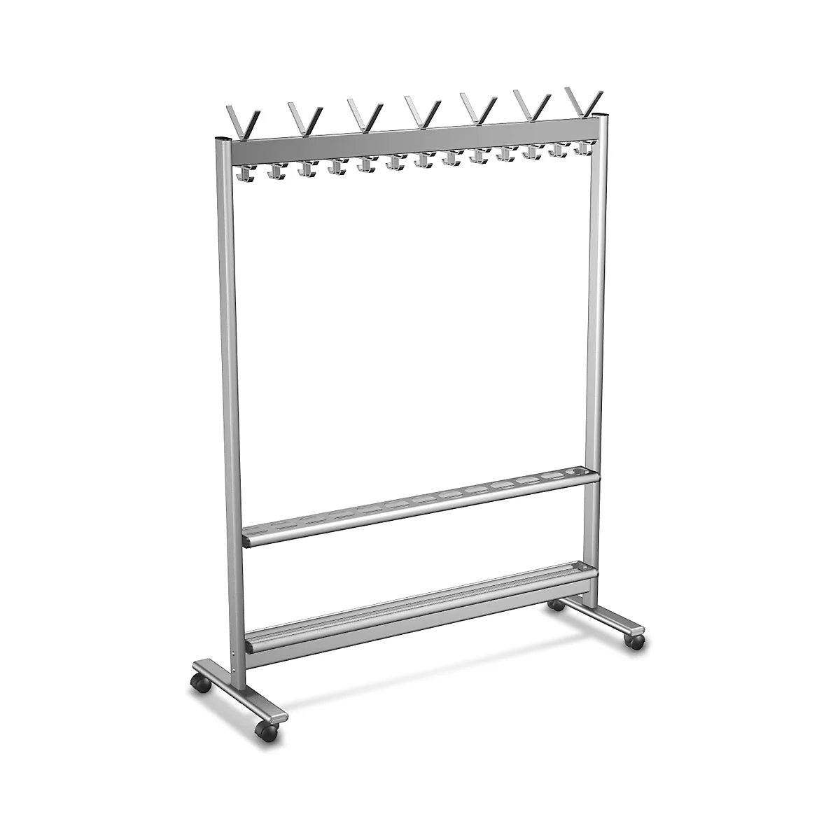 Een zilveren kledingrek met haken. Hieronder een plank en wielen.