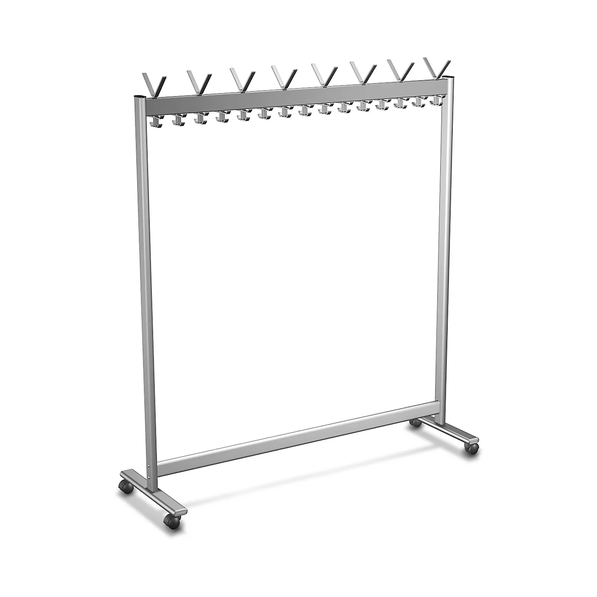 Grijs kledingrek met haken om op te hangen.