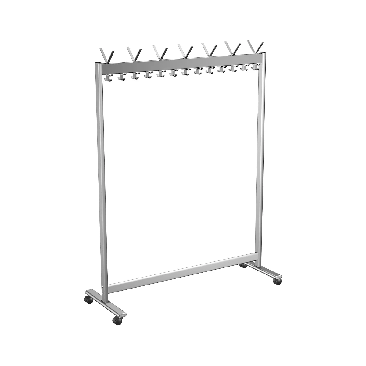 Een zilveren kledingstandaard met haken, rolvoeten en een transparant oppervlak.