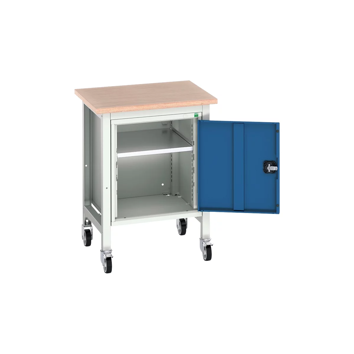 Verrijdbare werkbank Bott verso, Multiplex legbord, 1 deur &amp; 1 legbord, wielen, B 700 x D 600 x H 930 mm, RAL 7035 lichtgrijs / gentiaanblauw