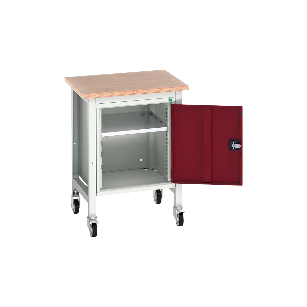 Verrijdbare werkbank Bott verso, multiplexplaat, 1 deur &amp; 1 legbord, wielen, B 700 x D 600 x H 930 mm, RAL 7035 lichtgrijs/paarsrood