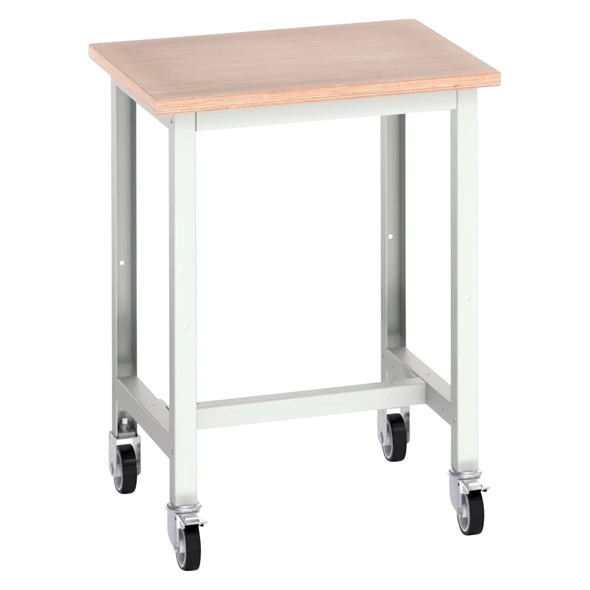 Verrijdbare werkbank Bott verso, multiplexplaat, 1 deur &amp; 1 legbord, wielen, B 700 x D 600 x H 930 mm, RAL 7035 lichtgrijs/paarsrood