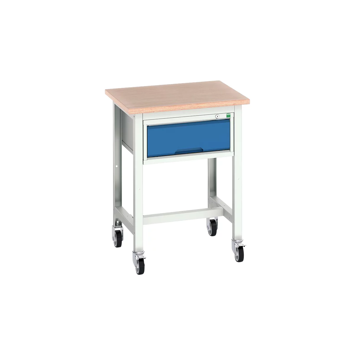 Verrijdbare werkbank Bott verso, multiplexplaat, met set dwarsverbindingen, 1 lade, B 700 x D 600 x H 930 mm, lichtgrijs / gentiaanblauw