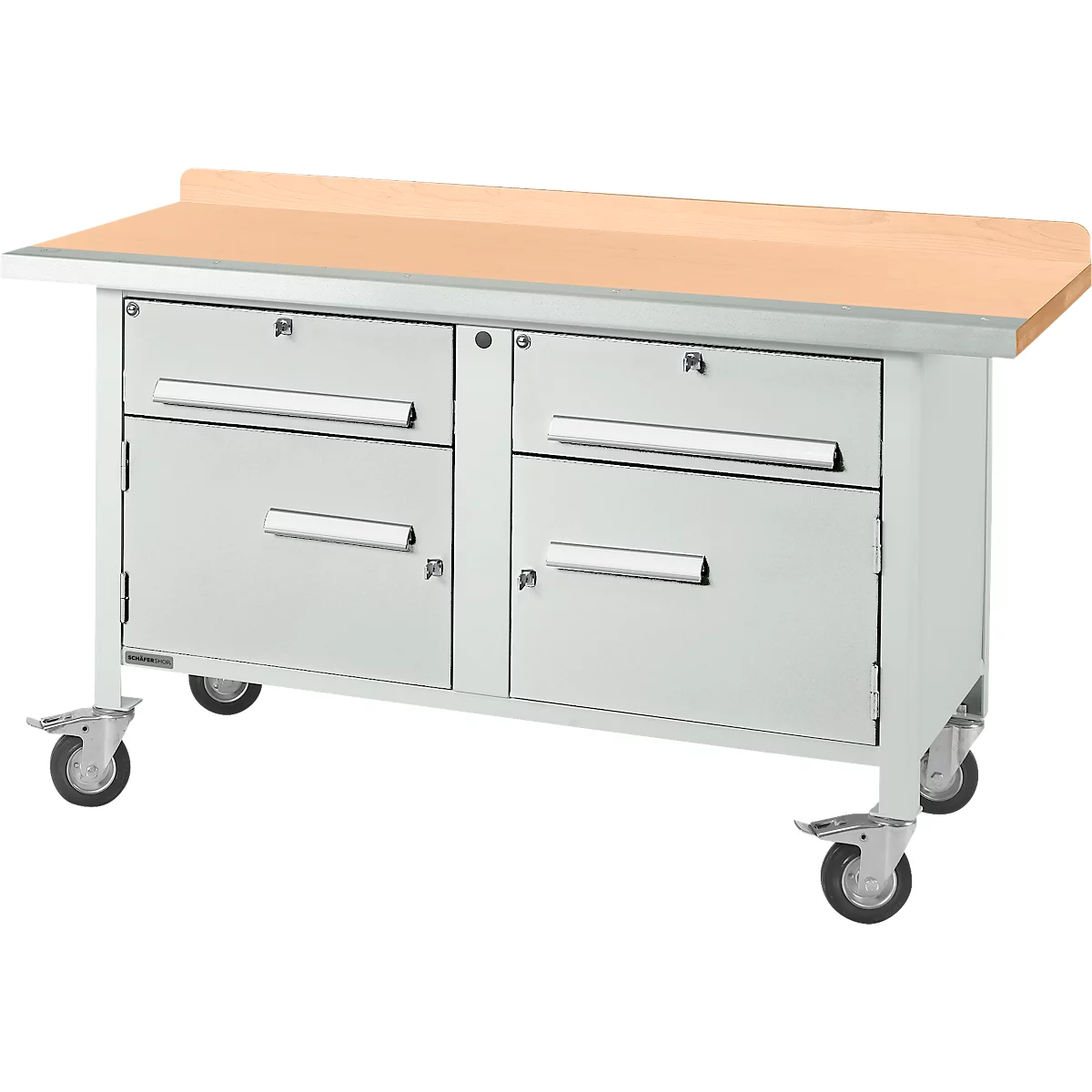 Verrijdbare werkbank Schäfer Shop Select PWi 150-0, beuken multiplex blad, met stalen rand, tot 400 kg, B 1500 x D 700 x H 840 mm