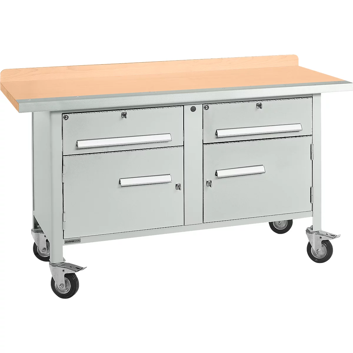 Verrijdbare werkbank Schäfer Shop Select PWi 150-0, beuken multiplex blad, met stalen rand, tot 400 kg, B 1500 x D 700 x H 840 mm
